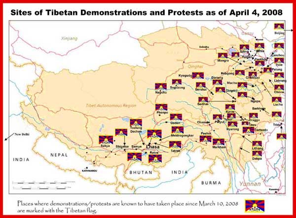 Carte de répression au Tibet
