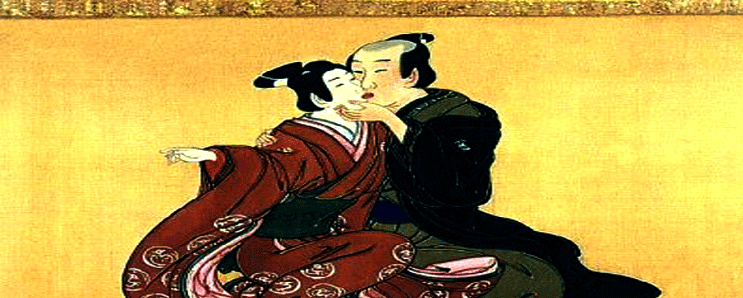 Samurai embrassant une jeune recrue: Makimono-e de Miyagawa Isshô (1750)