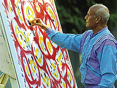 Sri Chinmoy painting a Jharna-Kala artwork Sri Chinmoy painting a Jharna-Kala artwork
