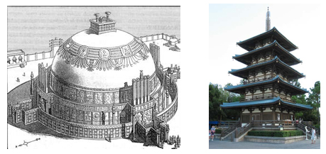 Reconstitution du grand stûpa d'Amaravâti (Inde) et pagode du temple Horyu-ji de Nara (Japon)