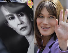 Carla Bruni (right) says it's time Myanmar’s junta freed pro-democracy leader Aung San Suu Kyi, jailed for 13 of the past 19 years. Photos / AP