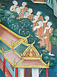 In close-up view, it is clear the saffron-robed figures on the mural are female