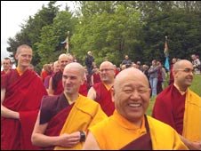 Monks emerging from Samye Dechen Shing retreat These people have been sleeping upright for four years and are happy