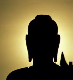 A statue of buddha in the sun set