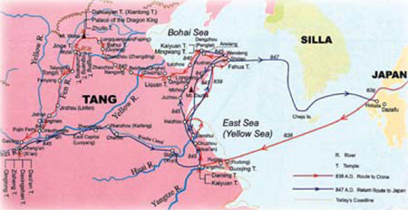 A map showing Monk Ennin's route from Japan to Tang China