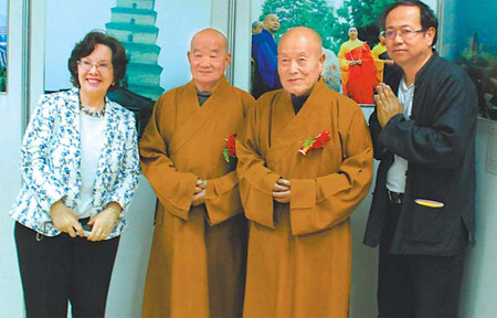 Virginia Stibbs Anami with monks at a temple in Shandong