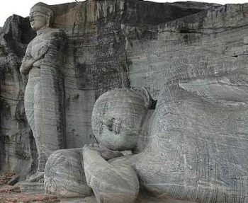 The reclining Buddha at Gal Vihara in Sri Lanka measures 14m in length while the upright one is 7m high.