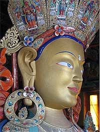 The 15-metre statue of the Maitreya or Merciful Buddha is a popular attraction at Thiksey monastery.