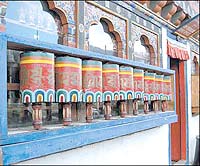 Prayer wheels on Paro's main street