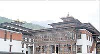 The courtyard of Thimphu Dzong, the stately medieval building that serves as Bhutan's national assembly and sits on the bank of the river Thimphu