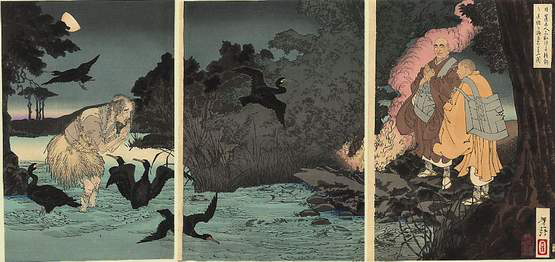 Nichiren sauvant l'esprit d'un pauvre homme, pratiquant la pêche au cormoran Nichiren sauvant l'esprit d'un pauvre homme, pratiquant la pêche au cormoran