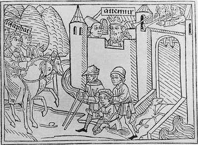 Manuscrit médiéval représentant Josaphat, hors du palais d'où son père l'observe, lors de sa rencontre avec un lépreux et un aveugle.