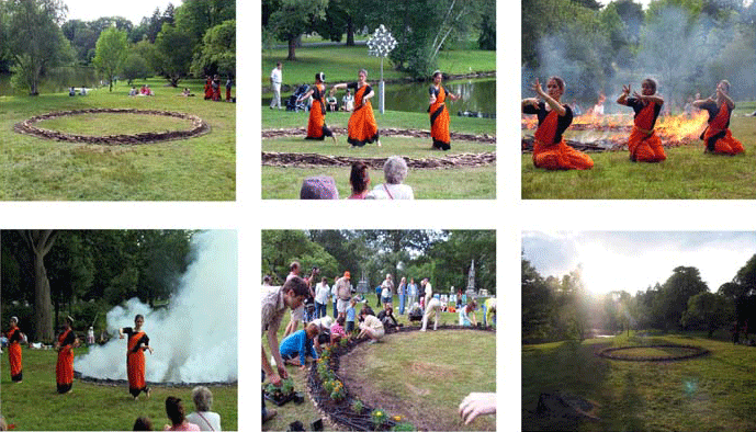 Forest Hills Park, Boston, MA with the Treveni Dance Troupe Wood, Fire, Water, Flowers. 20' circle. 2004.