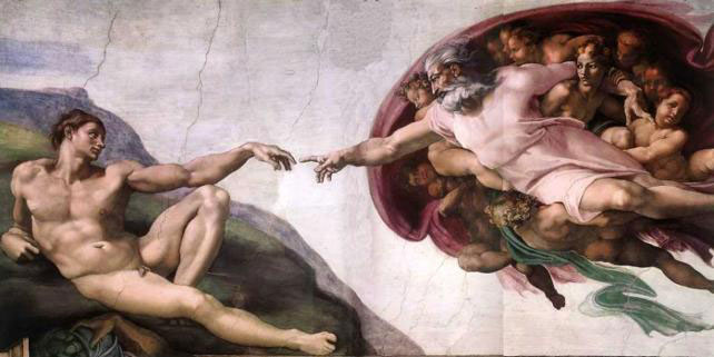 'La Creación de Adán', en la Capilla Sixtina del Vaticano, fue la visión de Miguel Ángel Buonarroti de la creación humana según relata el Génesis, primer libro de la Biblia. 'La Creación de Adán', en la Capilla Sixtina del Vaticano, fue la visión de Miguel Ángel Buonarroti de la creación humana según relata el Génesis, primer libro de la Biblia.