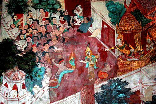 Alambayana makes the Naga Prince perform before the King of Benares.