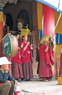 Monks chant at the Palkhor monastery in Tibet