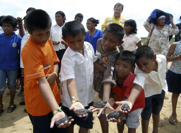 Des enfants Wayuu montrent des tortues Terecay, en voie d'extinction, à Punta Aguja, en Colombie, le 29 septembre 2010