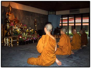 The morning meditation and chanting by Theravadin monks at the Dhammacakka Vihara Jakarta, Indonesia.