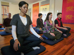 From left, David Uglow, Joy Mickle (foreground), Lindy Chicola, Wendy Farrell and Geoff Sutton meditate together at Durham Shambhala Center on Sunday (April 28). The center is eyeing expansion to accommodate the growing number of participants in recent years. Courtesy of Monica Chen