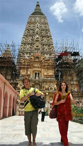 Tourists at the Mahabodhi Temple, Bihar.