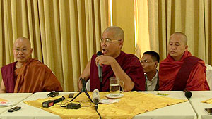 Buddhist monks U Dhammapiya, Dhamma Duta Ashin Saykaneda (C) and U Wirathu (R) discuss their plans to push for a law that restricts interfaith marriage. (Photo: The Irrawaddy)