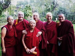 Vens. Jampa Tsedroen, Tenzin Palmo, and Thubten Chodron  meet with Tibetan nuns studying at the Central University  of Tibetan Studies in Sarnath, India, Dec. 2011.