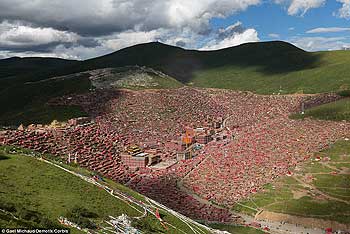 Larung Gar Buddhist Academy is home to 40,000 monks and nuns, who travel to the settlement of Sertar to study Tibetan Buddhism