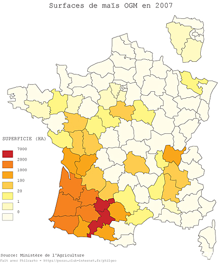 Carte de France des cultures des maïs OGM