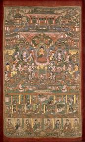 L'heureuse, Terre Pure d'Amitabha (littéralement, 'lumière infinie') - un des Bouddhas les plus importants et les plus populaires du mahâyâna, début du Xe siècle. Peinture, couleurs sur soie. Grottes de Mogao, Dunhuang. Paris, musée Guimet